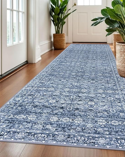 3x10 Washable Runner Rug for Kitchen, Blue Soft Classic Runner with Non-Slip, Non-Shedding Distressed Floral Rug for Hallways Entryway Bedroom Bathroom Laundry Indoor
