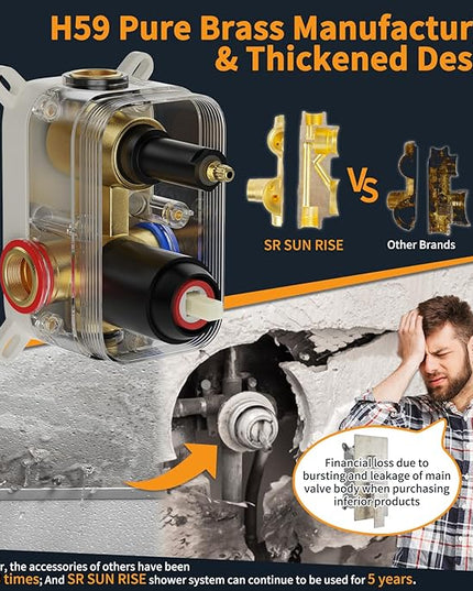 SR SUN RISE 12 Inches Matte Black Shower System 12 Inch Brass Bathroom Luxury Rain Mixer Shower Combo Set Wall Mounted Rainfall Shower Head System Shower Faucet Rough-in Valve Body and Trim Included