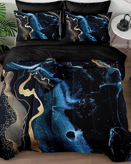 Bedbay Blue Marble King Size Comforter Set Blue Gold Marble Comforter Set 8 Pieces Soft Lightweight Bed in a Bag Metallic Luxury Bedding Set