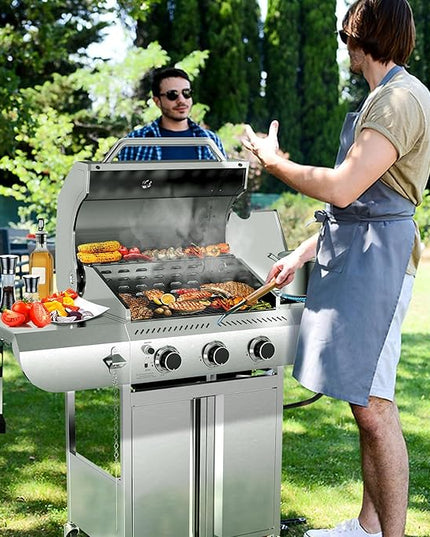 3-Burner Propane Gas Grill with Side Burner – 34,000 BTU Stainless Steel Outdoor BBQ Grill, Cast Iron Grates, Portable with Wheels for Patio, Camping