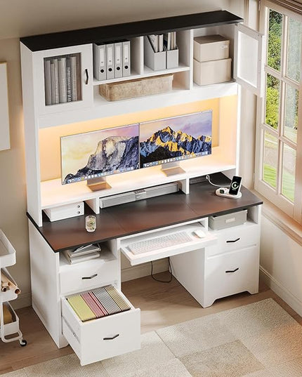 Bestier 77.8" H Executive Desk with Hutch, Modern Wood Computer Desk with Drawers, Charging Station, LED Light, Fluted Storage Cabinet, Keyboard Tray, 59" W Office Desk for Home Office, White