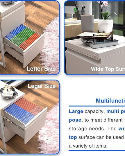 METAN 2 Drawer File Cabinet with Lock, Mobile Under Desk Filing Cabinet for Office Legal/Letter Size, Fully Assembled Except Wheels,White