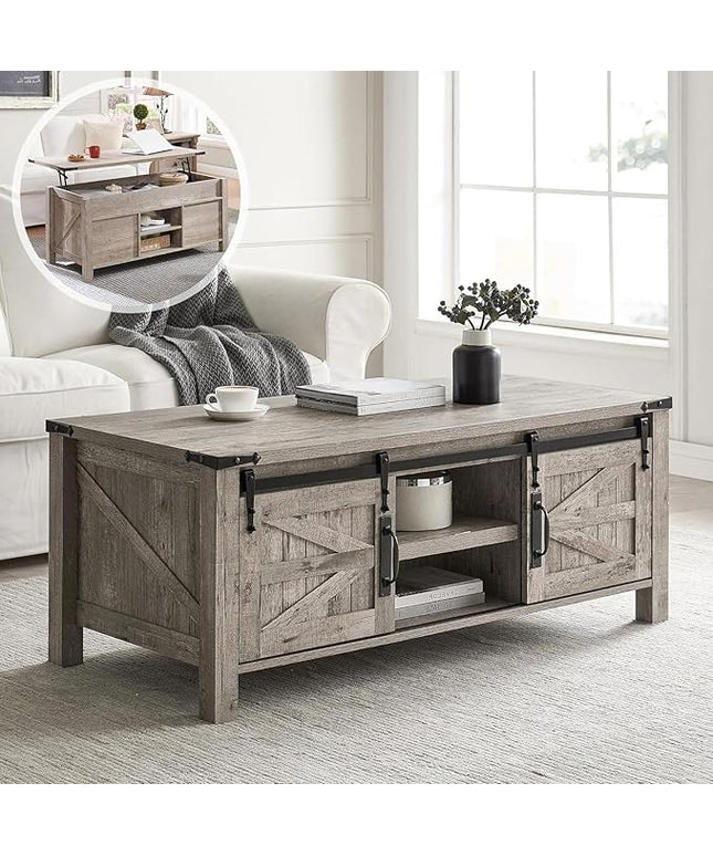 OKD 48" Farmhouse Lift Top Coffee Table with Sliding Barn Door, Rustic Center Table w/Hidden Storage Compartment, Lift Tabletop Dining Table w/Adjustable Shelf for Living Room,Light Rustic Oak