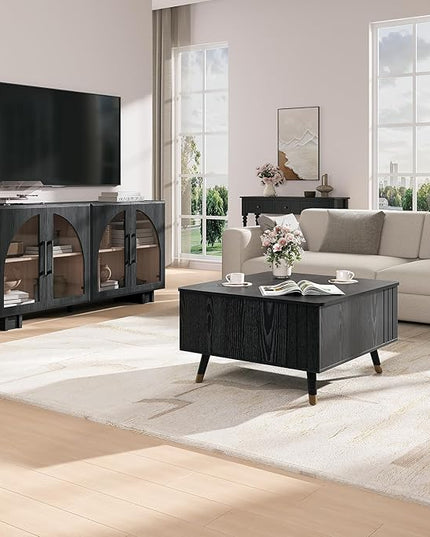 Lift Top Coffee Table with Storage, Mid Century Modern Coffee Table with Solid Wood Legs, 31.5" Square Center Table for Living Room, Home Office, Black