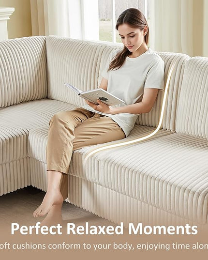 Modular Sectional Sofa Couch, L-Shape Corduroy Couches 6 Seat with Storage Ottoman, Modern Corner Sofa Memory Foam Sectional Cloud Couches for Living Room, Bedroom, Apartment, Office (Beige)