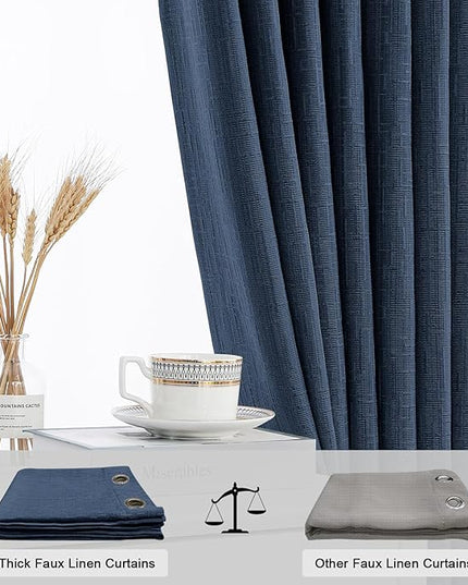 Jacquard Linen Curtains 84 inch Length 2 Panels Thick Faux Linen Blended Window Drapes Burlap Textured Curtains with Grommet for Living Room Bedroom Farmhouse (52x84 Navy) Natural
