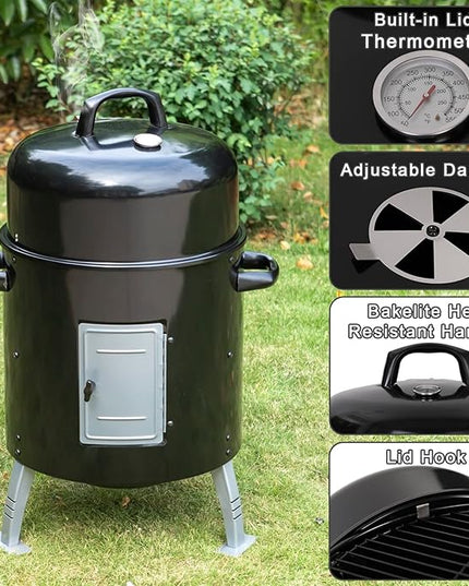 Sophia & William 17" Vertical Charcoal Smoker Grills with Two-Tier Grates, Heavy-Duty Integral Chamber and Tunnel Ventilation System for BBQ, Patio, Outdoor Camping(Black)