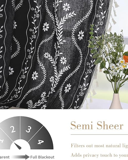Boho Curtains for Living Room 63 Inches Long Semi Sheer Linen Floral Curtains Vintage Farmhouse Window Curtain 2 Panel Sets for Dining Room Kitchen Black