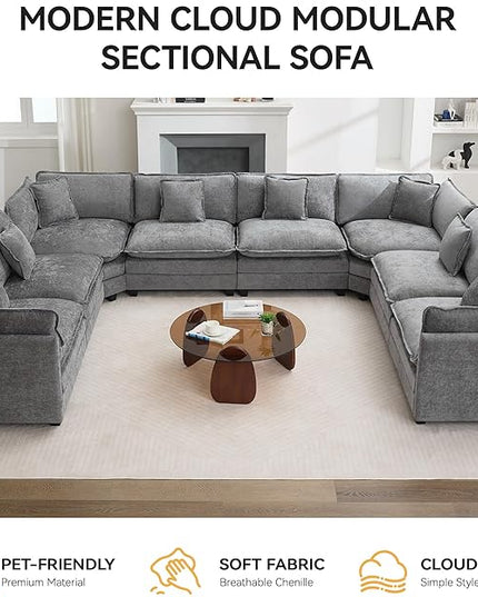 147'' Oversized U Shaped Cloud Sectional Sofa, Chenille Deep Seat Couches for Living Room, Comfy Upholstered Modular Sectional Sofa Couch, Grey