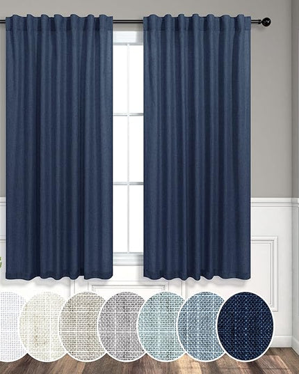 Pitalk Navy Curtains 54 Inch Length for Boys Nursery Room 2 Panels Back Tab Loop Pocket Indigo Blue Linen Farmhouse Nautical Short Light Filtering Curtains for Bedroom Bathroom Boho Decor 52x54 Long