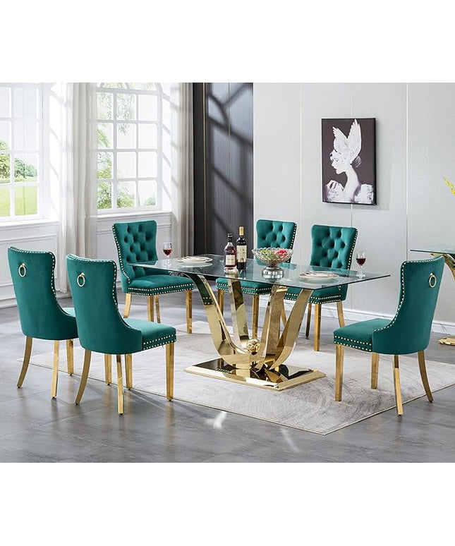 7-Piece Glass Dining Table Set w/6 Green Upholstered Dining Chairs, 70in Rectangular Large Kitchen Table Set for 6, Glass and Gold Dining Table and Chair Set for 6