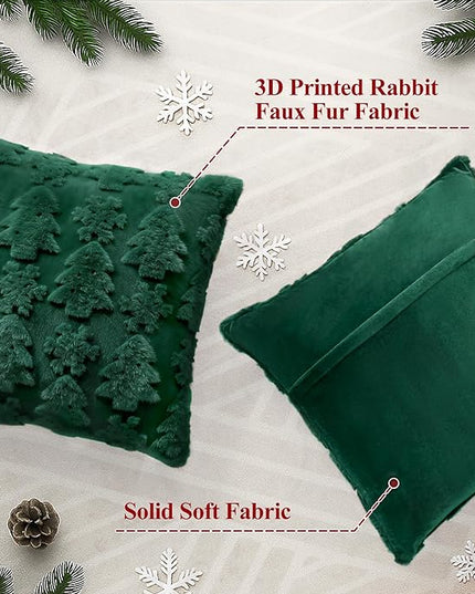 Touchat Christmas Pillow Covers 20x20, Soft Faux Rabbit Fur Throw Pillow Covers with 3D Embroidery Christmas Tree and Snowflake Design for Winter Holiday Home Decor, Couch Sofa Bedroom, Green