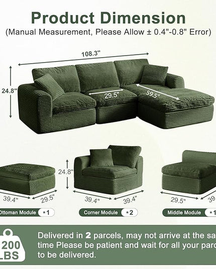 108” Modular Sectional Sofa Couches L Shaped Couch 3 Seater Cloud Sofa Memory Foam Sectional Couches for Living Room, Boneless Couch with Ottoman, Corduroy, Green