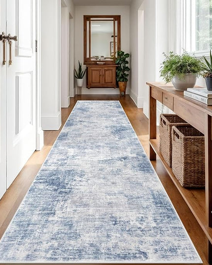 IOHOUZE Abstract Runner Rug 3x12 Ft Washable Runners for Hallways, Non Slip Kitchen Runner Printed Faux Wool Entryway Runner Indoor, Modern Abstract Floor Carpet for Hall Kitchen, Light Blue White
