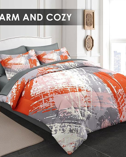 Comforter Set Twin Size, Urban Graffiti Orange Grey 5 Pcs Bedding for Kids and Adults, Abstract Paint Line Bed Sheet Sets with Fitted Sheet Pillowcase & Sham for Bedroom Bed Decor