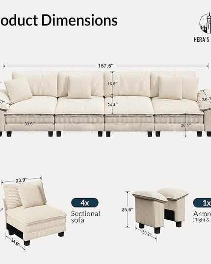 HERA'S HOUSE 158" Modular Sectional Sofa, Oversized Couches for Living Room, Comfy Cloud Couch 4-Seater Deep Seat Sofa with Throw Pillow, Corduroy Beige