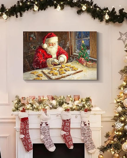 YONICA Christmas Wall Decor Santa Canvas Wall Art Home Decorations 30x20 Inches - Santa Pictures Santa Bakes Gingerbread Cookies Christmas Pine Tree Prints Winter Painting Xmas Artworks for Bedroom