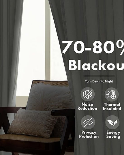 DriftAway Farmhouse Linen Blend Blackout Curtains 84 Inches Long for Bedroom Vertical Striped Printed Linen Curtains Thermal Insulated Lined Treatments for Living Room 2 Panels W52 x L84 Linen Grey