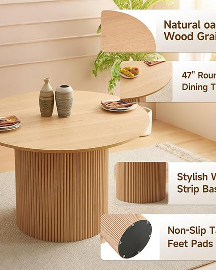 Howtek 5-Piece Modern Dining Room Set, 47" Round Dining Table and 4 Space-Saving Upholstered Stackable Dining Chairs, Kitchen Table and Chairs Set for Home, Kitchen, Living Room (Oak/White)