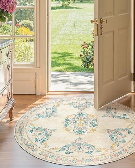 jinchan Round Rug 4ft Area Rug Vintage Floral Distressed Design Machine Washable Soft Non-Slip Low-Pile Ultra-Thin Circle Rug for Entryway Bedside Living Room Kitchen Nursery (4' Round, Apricot Multi)