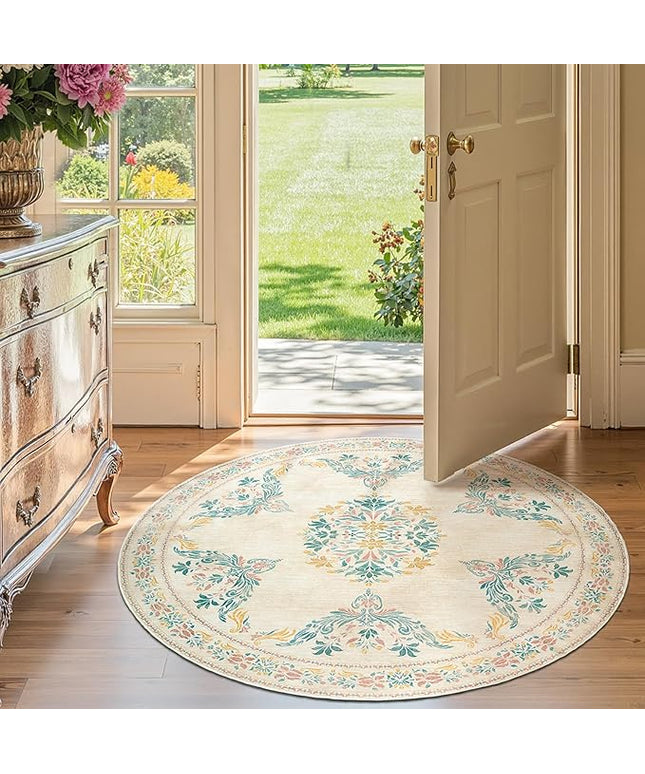 jinchan Round Rug 4ft Area Rug Vintage Floral Distressed Design Machine Washable Soft Non-Slip Low-Pile Ultra-Thin Circle Rug for Entryway Bedside Living Room Kitchen Nursery (4' Round, Apricot Multi)
