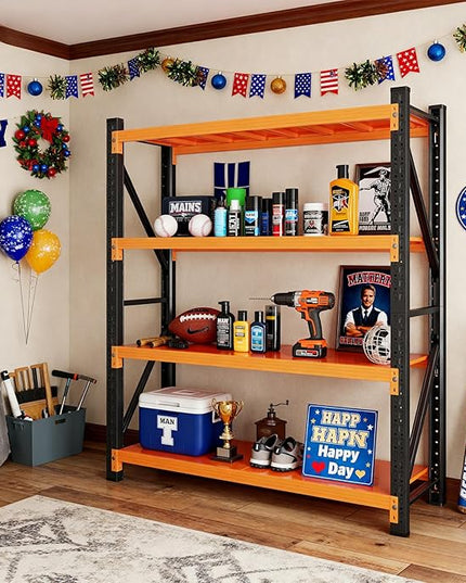 79" H Garage Shelving,4000LBS Heavy Duty Storage Rack,4 Tiers Metal Storage Rack Shelf, Adjustable Shelving Unit for Garage,Kitchen,Warehouse,Basement,78.7" H x 59" W x 19.6" D,Black&Orange