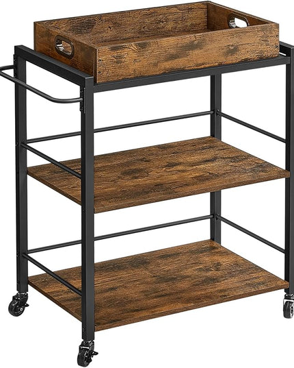 VASAGLE Kitchen Serving Cart with Removable Tray, 3-Tier Kitchen Utility Cart on Wheels with Storage, with Brakes, Leveling Feet, 15.7 x 28.3 x 33.9 Inches, Rustic Brown and Black ULRC72X
