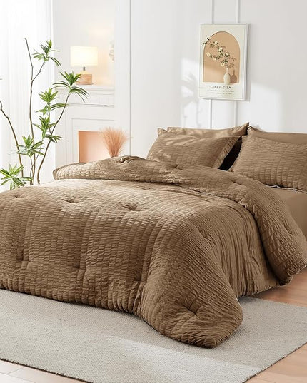 HYMOKEGE Brown Queen Comforter Set Seersucker 7 Pieces, All Season Luxury Bed in a Bag Queen for Bedroom, Bedding Set with Comforter, Sheets, Pillowcases & Shams