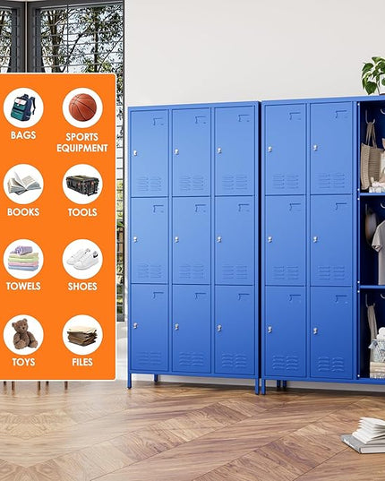 Aobabo New 9 Doors Metal Storage Locker for Employees, Lockable Steel Locker with Name Card Slot and 27 Hooks for School Office Gym Garage, Blue, Assembly Required