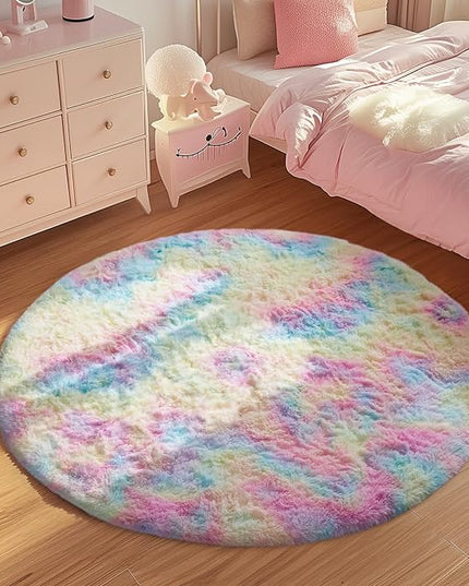 Ophanie Round Rugs 4Ft Rainbow Circle Area Rug, Colorful Unicorn Bedroom Dorm Decor for Teen Girls, Cute Fluffy Fuzzy Plush Soft Shaggy Living Room Carpet for Kids Baby Home Aesthetic Nursery Playroom