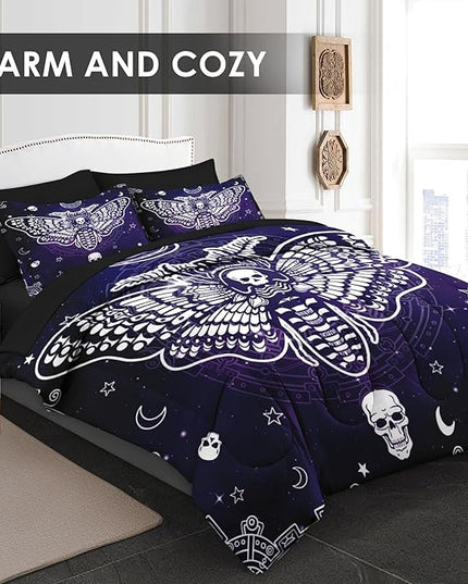Comforter Set Queen Size, Death Moth 7 Pcs Bedding for Kids and Adults, Halloween Bedding Sets with Fitted Sheet 2 Pillowcases & 2 Shams for Bedroom Bed Decor