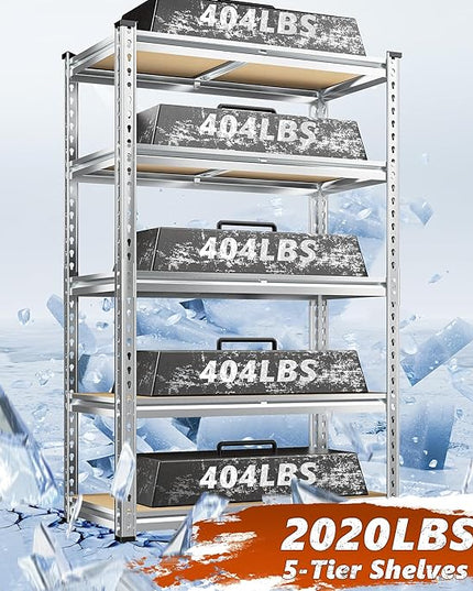 REIBII Garage Shelving, 5 Tier Storage Shelves Load 2020LBS, Adjustable Garage Shelves Heavy Duty, Metal Shelving Unit with Waterproof Columns for Warehouse, 35.5" W x 11.9" D x 72" H, Galvanized