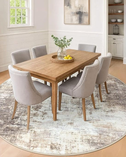 IOHOUZE Abstract Round Area Rug 8 Ft Washable Circle Rugs Large Round Rug Non Slip Thin Soft Circle Rugs, Printed Faux Wool Floor Carpet for Bedroom Living Room Dining Room Nursery, Beige Brown