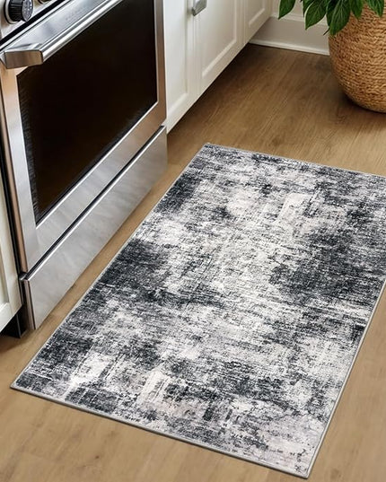 IOHOUZE Small Abstract Area Rug 2x3 Ft Entryway Rugs Washable Door Mat Indoor Entrance, Rubber Backed Throw Rugs, Printed Faux Wool Non Slip Floor Carpet for Foyer Front Door Sink, Black Grey