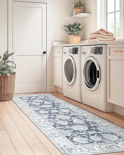 jinchan Runner Rug 2x7 Machine Washable Hallway Rug Dark Blue Vintage Floral Print Non-Slip Low Pile Ultra-Thin for Kitchen,Entryway,Laundry Room,Bedroom,Farmhouse (2‘x7’,Dark Blue)