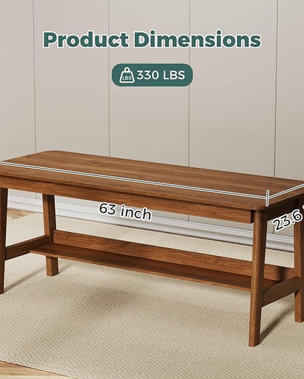 63” Extra Long Home Office Desk with Bookshelf, 2-Person Computer Workstation with Storage Shelf, Solid Wood Work & Study Table for Home Office, Walnut Finish