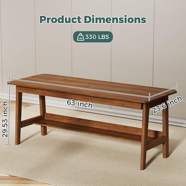 63” Extra Long Home Office Desk with Bookshelf, 2-Person Computer Workstation with Storage Shelf, Solid Wood Work & Study Table for Home Office, Walnut Finish