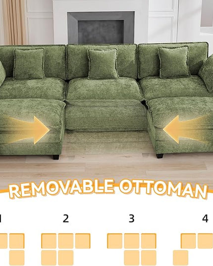111'' Sectional Cloud Deep Seat Couch, Oversized Chenille U Shaped Sectional Sofa for Living Room Set, Comfy Upholstered Modular 3-Seats Sectional Sofa Couch with 2 Movable Ottoman, Green