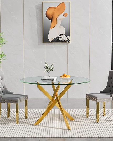 Round Glass Dining Table Set for 2, 47'' Clear Circular Kitchen Table and Chairs Set, 3PCS Modern Circle Dining Room Table Set with 2 Velvet Dining Chair for Home