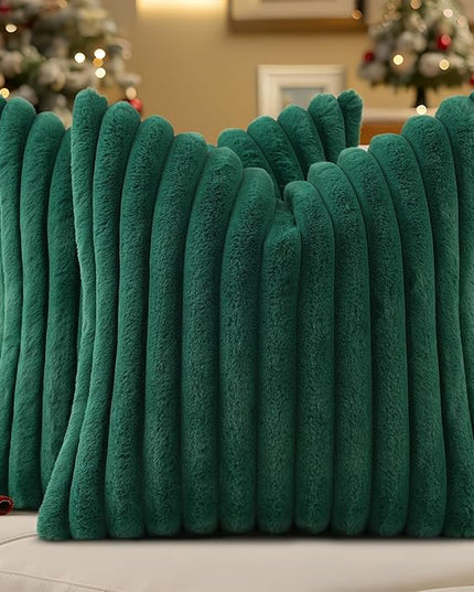 decorUhome Faux Fur Spring Throw Pillow Covers 18x18 Set of 2, Decorative Soft Plush Striped Neutral Couch Euro Pillow Covers with Velvet Back for Sofa, Bed, Living Room Home Decor, Christmas Green