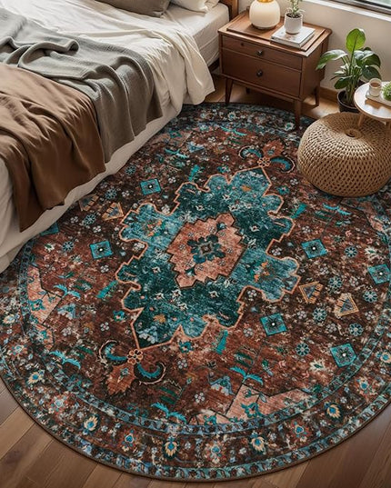 Ciicool Boho Area Rug Washable 6x6ft Round Bedroom Rug Non-Slip Oriental Throw Rug Low-Pile Floor Carpet for Dining Room Living Room(Brick Red/Dull Teal)
