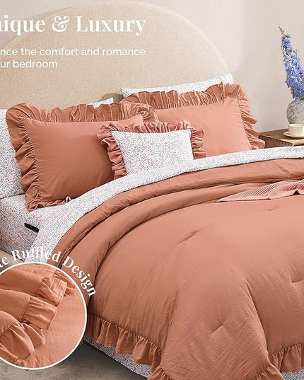 Queen Comforter Set - 7 Pieces Ruffle Autumn Leaf Bedding Sets, Shabby Chic Farmhouse Bed in a Bag Queen with Ruffle Comforter, Floral Sheets, Pillowcases & Shams