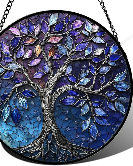 Stained Glass Window Hanging, Blue Purple Tree of Life Sun Catchers Colorful Glass Panel Plants Suncatcher Decor for Birthday for Women,Men,Wife, Lovers, and Mom 6.3 in