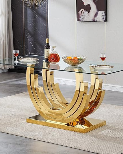 Goujxcy 70" Modern Glass Dining Table for 6-8, Luxury Gold Glass Dining Room Table with Mirrored Ring-Shape Stainless Steel Base, Rectangle Kitchen Dinner Tables for Dining Room Kitchen