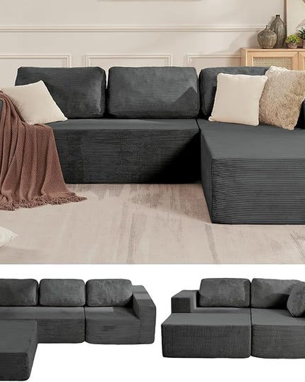 106" Cloud Sectional Couch, Left/Right Facing Convertible Sofa with Deep Seat, L-Shape Modular Upholstered Foam Couch for Living Room Bedroom, No Assembly Required (Corduroy Fabric, Grey)