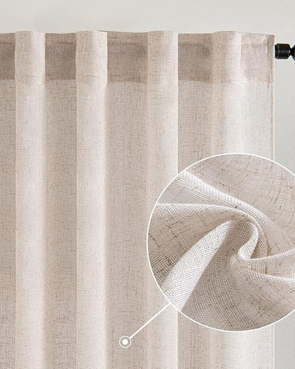 MIULEE Natural White Linen Curtains 96 Inch Long 2 Panels for Bedroom Living Room, Soft Thick Linen Textured Window Drapes Semi Sheer Light Filtering Rod Pocket Back Tab Neutral Farmhouse Cream Ivory