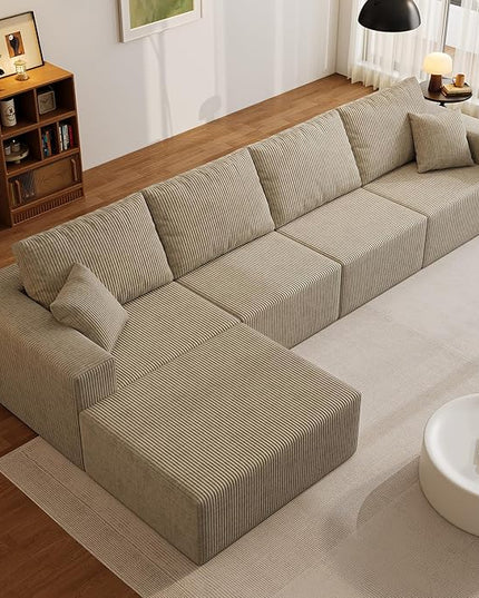 139" Boneless Cloud Sectional Couch for Living Room, Compressed Modular L-Shaped Sofa with Deep Seat, Frameless Corduroy Couch in Boxes, No Assembly Required 4-Seater (Left-Facing Chaise, Grey)