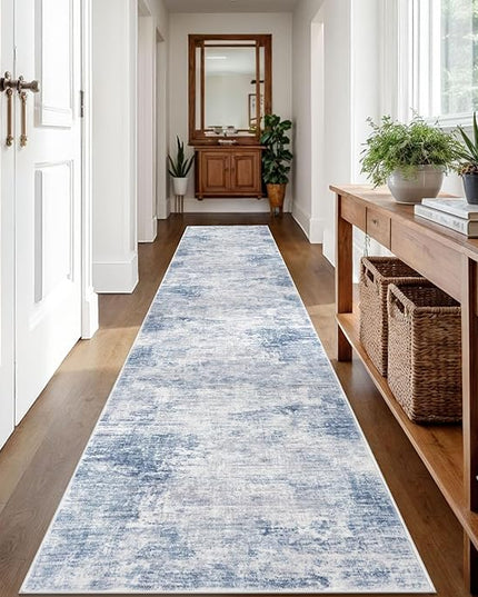 IOHOUZE Abstract Runner Rug 2x12 Ft Washable Runners for Hallways, Non Slip Kitchen Runner Printed Faux Wool Entryway Runner Indoor, Modern Abstract Floor Carpet for Hall Kitchen, Light Blue White
