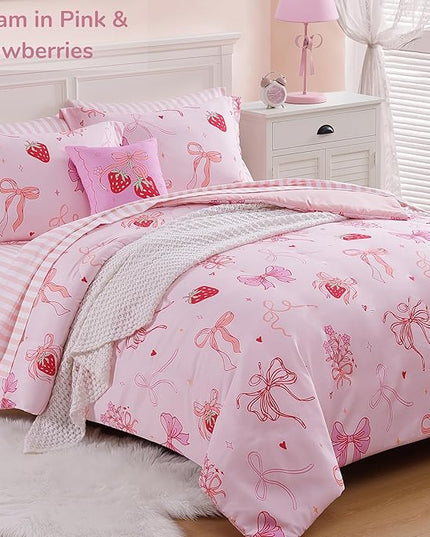Twin Comforter Set for Girls-5 Pieces Pink Bow Twin Bedding Sets for Kids, Ultra Soft Bed in A Bag with Sheets