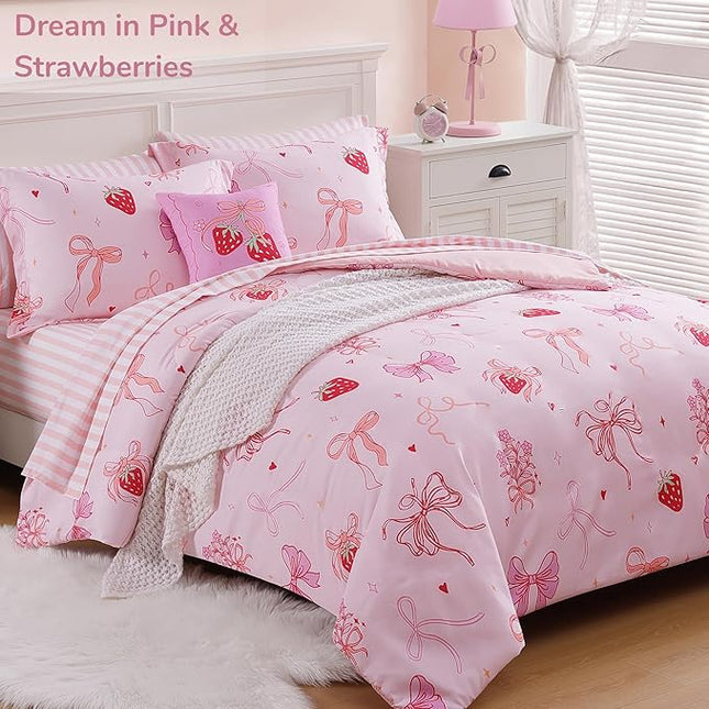 Twin Comforter Set for Girls-5 Pieces Pink Bow Twin Bedding Sets for Kids, Ultra Soft Bed in A Bag with Sheets